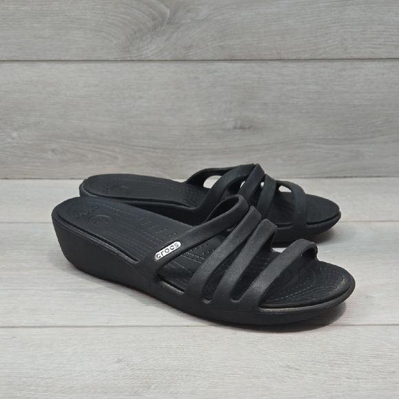 Crocs Women's Rhonda Black Slide Wedge Sandals Shoes Sz 7 - Picture 1 of 11